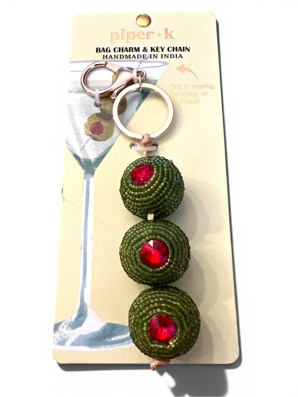 piper·k Green Beaded Bag Charm with Red Gem Accents